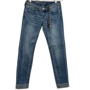 NWT GRACE in LA Women Embroidered Skinny Low Rise Stretch Blue Denim Jeans Sz 25